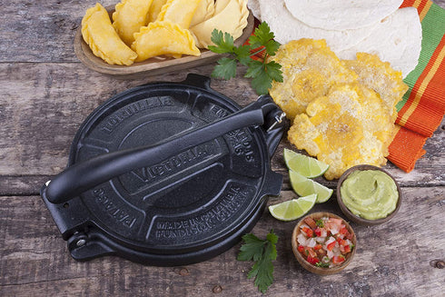 Victoria 8 Inch Cast Iron Tortilla Press. Tortilla Maker, Flour Tortilla press, Rotis Press, Dough Press, Pataconera Seasoned with Flaxeed Oil, Black -